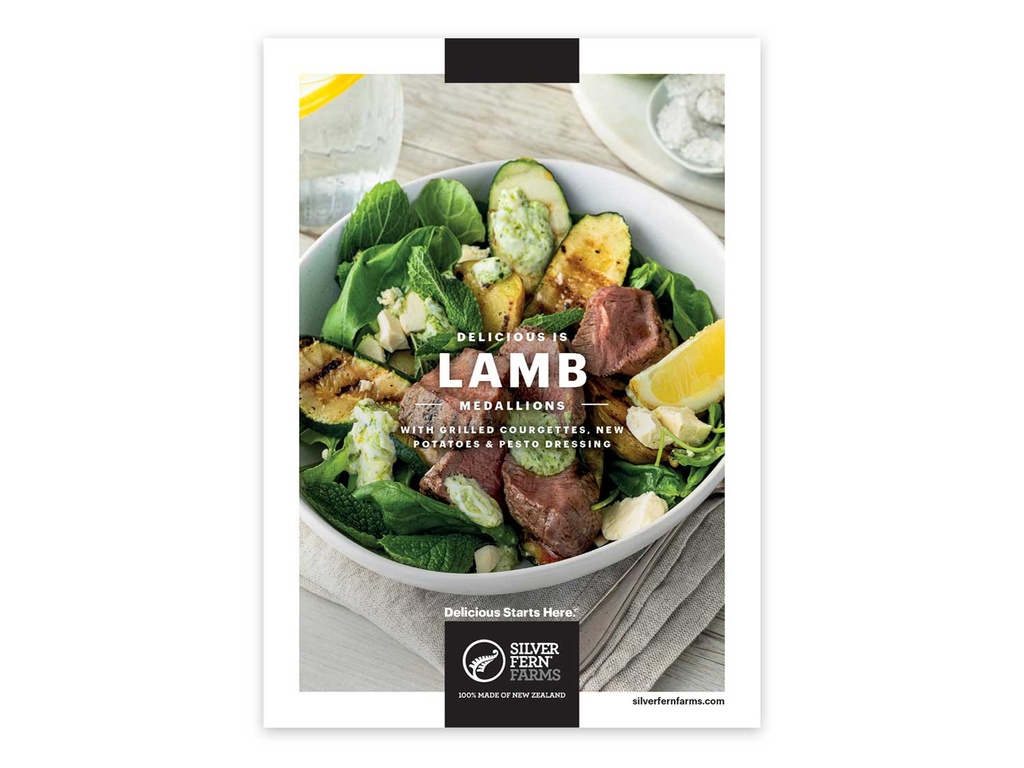 Recipe Cards - Lamb Medallions with Grilled Courgettes, New Potatoes & Pesto Dressing - Pack of 100